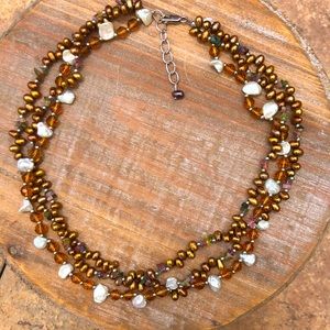 Multi stone 3 strand beaded necklace with sterling clasp